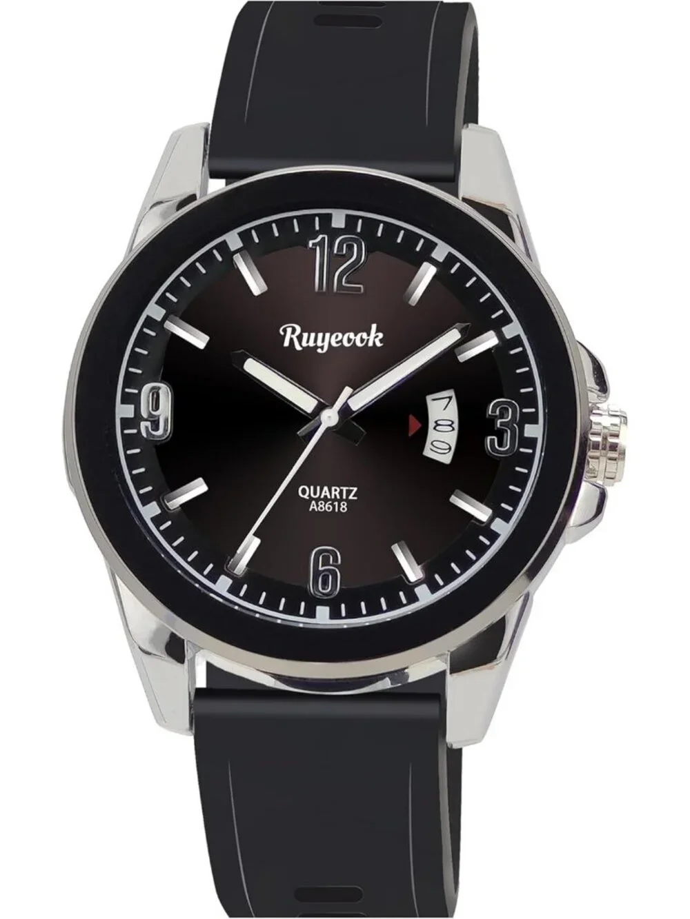 Men's Black Silver Analog Rubber Silicone Band Waterproof Stylish Wrist Watch